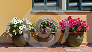 Surfinia, drooping ampersed flowers of different colors in pots on terrace. Sunny day. Gardening and plants. Landscape