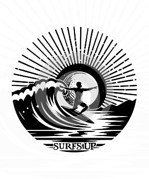 Surfs up surfing beach line art t shirt design photo