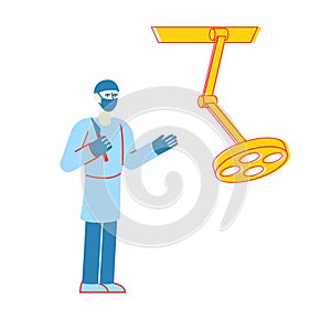 Surgeon Character with Scalpel Prepare to Make Operation in Surgery Room with Lighting Equipment in Hospital