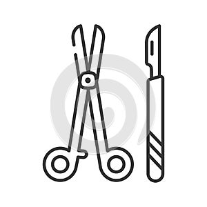 Surgeon cutting tools: line black icon. All-metal scalpel and scissors. Plastic and cosmetic surgery, operation. Pictogram for web