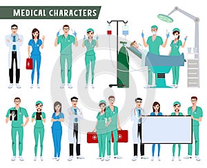 Surgeon, doctor and nurse characters vector set. Medical and health care team doing surgery