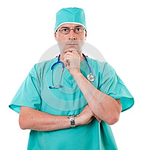 Surgeon in green scrubs