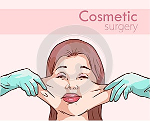 Surgeon hands with woman plastic surgery process vector illustration