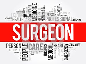 Surgeon is a medical doctor who performs surgery, word cloud concept background