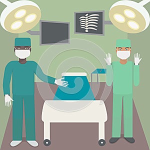 Surgeon in the operating room with a partner. Operating with shadowless lamps, monitors, couch, surgical instruments and doctors. photo