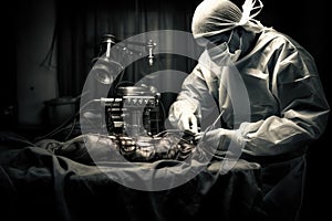 Surgeon in operating room with surgery equipment. Black and white. A black and white vintage styled image of a surgeon preparing