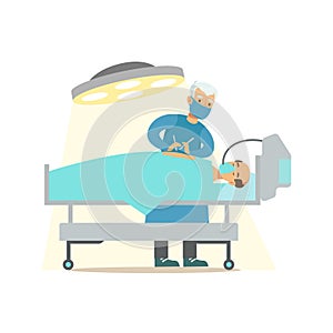 Surgeon Operating On Unconcious Patient In Surgery Room, Hospital And Healthcare Illustration