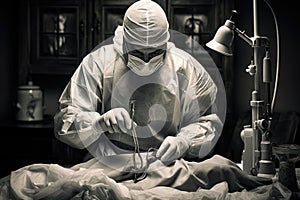 Surgeon performing surgery in operating room, black and white image. A black and white vintage styled image of a surgeon preparing