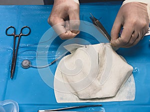 Surgeon`s hands suturing on a sterile table.