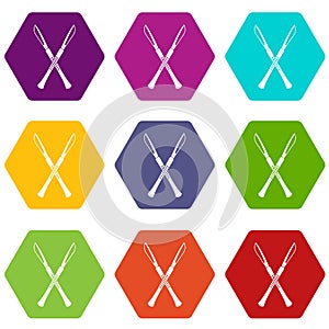 Surgeon scalpels icon set color hexahedron