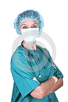 Surgeon with stethoscope wearing surgeon mask