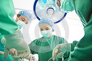 Surgeon team working together in a surgical room photo