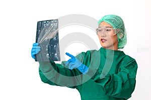 surgeon woman looking human brain scan isolate on white