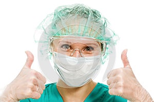 Surgeon woman showing okay gesture