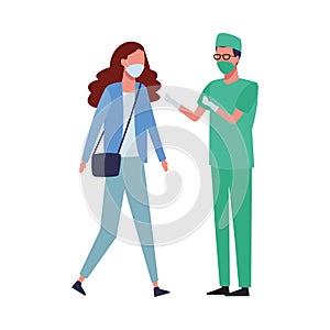 Surgeon and woman using face mask for covid 19