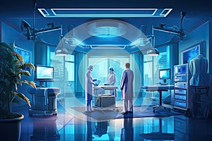 Surgeons in operating room with surgery equipment. 3D rendering, Medical doctor ER team, surgeon and anesthetist on medical clinic