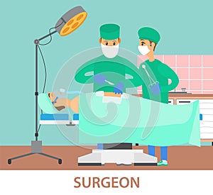 Surgeons perform operation and make an incision. Patient lies on operating table under light of lamp photo