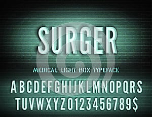 Surger sign with narrow cold green neon box alphabet on brick wall background. Medical room vintage night light glowing