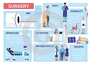 Surgery healthcare infographic vector illustration, cartoon flat health care surgical hospital departments of reception photo