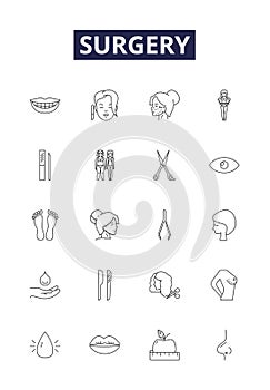 Surgery line vector icons and signs. Surgical, resect, graft, remove, incise, repair, implant, excision outline vector