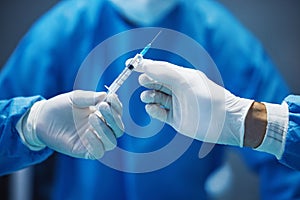 Surgery, nurse hands doctor syringe with medicine and surgical procedure, closeup and healthcare in hospital. Health