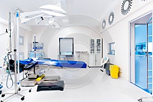 Surgery operating room, details of lamps and table in empty operating room. Healthcare concept