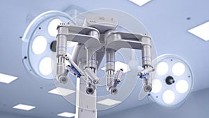 Surgery room with surgery robotic arms and lighting equipment