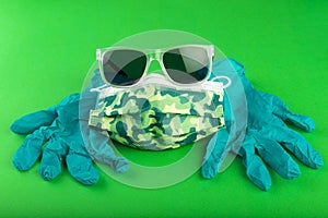 Surgical camo facemask and sunglasses