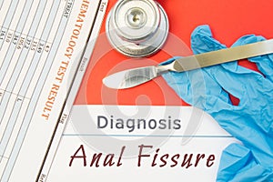 Surgical diagnosis of Anal Fissure. Surgical medical instrument scalpel, latex gloves, blood test analysis lie close beside text i