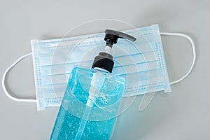 Surgical face mask and hand alcohol gel sanitizer dispenser, against Novel coronavirus or Corona Virus Disease Covid-19 at