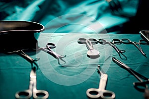surgical instrument on table in operating room, medical equipment for professional surgeon doctor doing surgery at hospital.