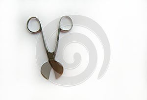 Surgical instrument on white background. Umbilical cord cutting scissor.