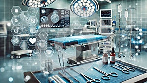Surgical Instruments Arranged on Operating Table. photo