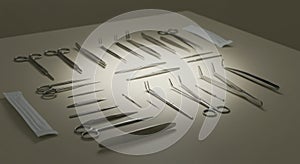 Surgical instruments arranged on table under light in medical setting