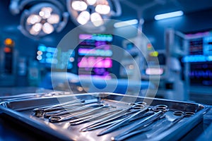 Surgical instruments arranged on a tray in an operating room setting