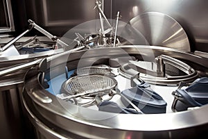 surgical instruments being sterilized in steam autoclave, with the hissing and steam visible