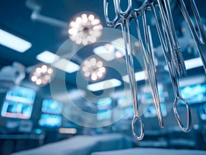 Surgical instruments hanging in an operating room