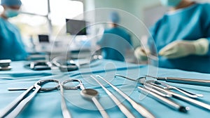 Surgical instruments in an operating room with surgeons performing surgery