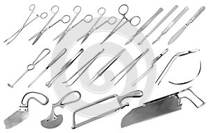 Surgical instruments set. Tweezers, scalpels, Liston s knife, clamp, scissors, Folkman hook, Meyer forceps, needle