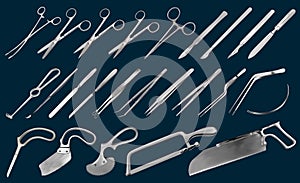 Surgical instruments set. Tweezers, scalpels, saws. Liston's knife, clamp, scissors, Folkman hook, Meyer forceps, needle