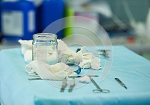 Surgical instruments on a tray during surgery