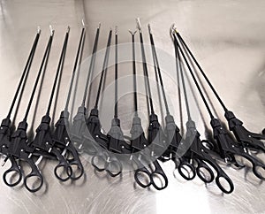 Surgical Laparoscopic Instruments Arranged On Table