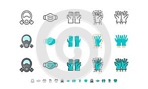 Surgical Mask And Medical Gloves. Covid-19, Coronavirus Disease 2019 Prevention. Line Outline, Flat, Filled Icons Set. Editable