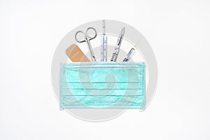 Surgical mask and medical tools.