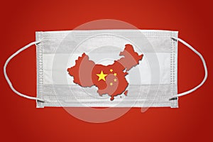 Surgical mask protective mask with People`s Republic of China map country silhouette. Chinese coronavirus outbreak. Red backgroun