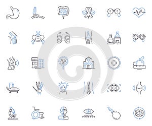 Surgical operation line icons collection. Incision, Anesthesia, Scalpel, Recovery, Hemostasis, Sutures, Dissection photo