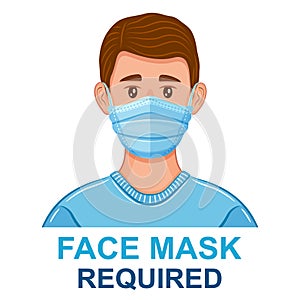 Surgical protection face mask wear required, medical warning sign. Sick man cover mouth, nose. Prevention spread flu virus. Vector