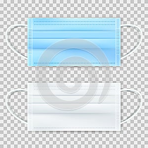 Surgical protective blue and white mask, isolated on transparent background. Vector 3d realistic illustration