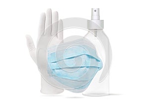 Surgical protective disposable latex gloves  medical face mask  alcohol sanitizer gel bottle isolated on white.