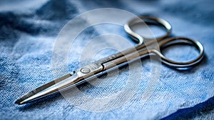Surgical scissors resting on a blue cloth surface
